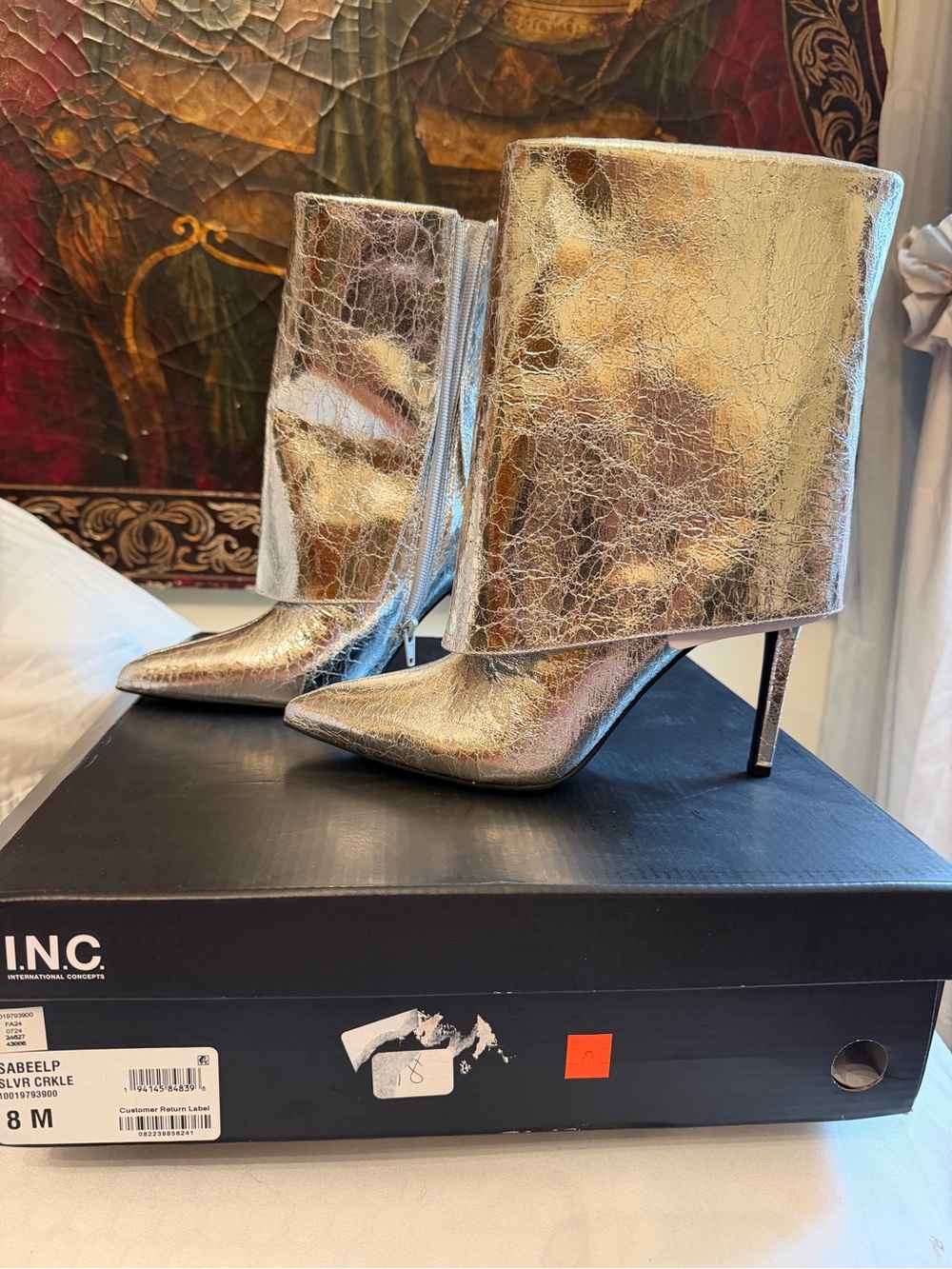 INC International Concepts Metallic Silver Fold-Over Stiletto Ankle Boots - Picture 1 of 4